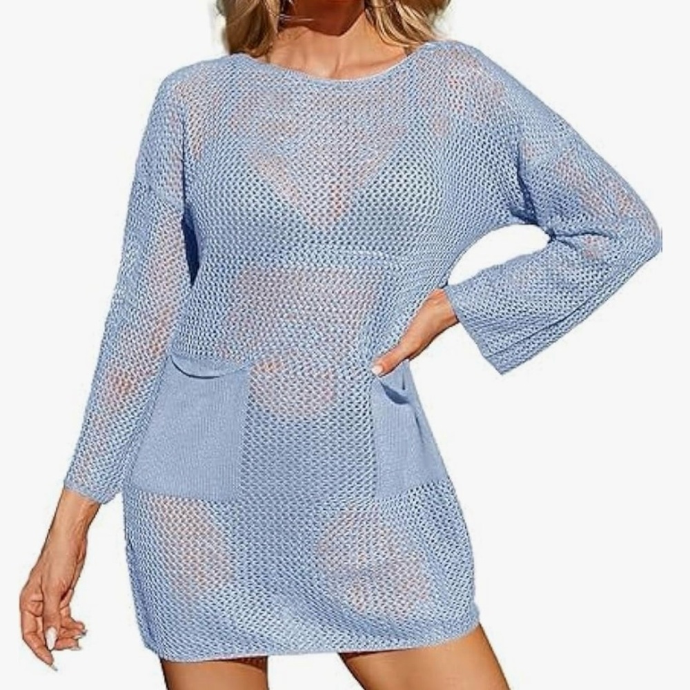 Elegant Light Blue Knit Swim Cover-Up M